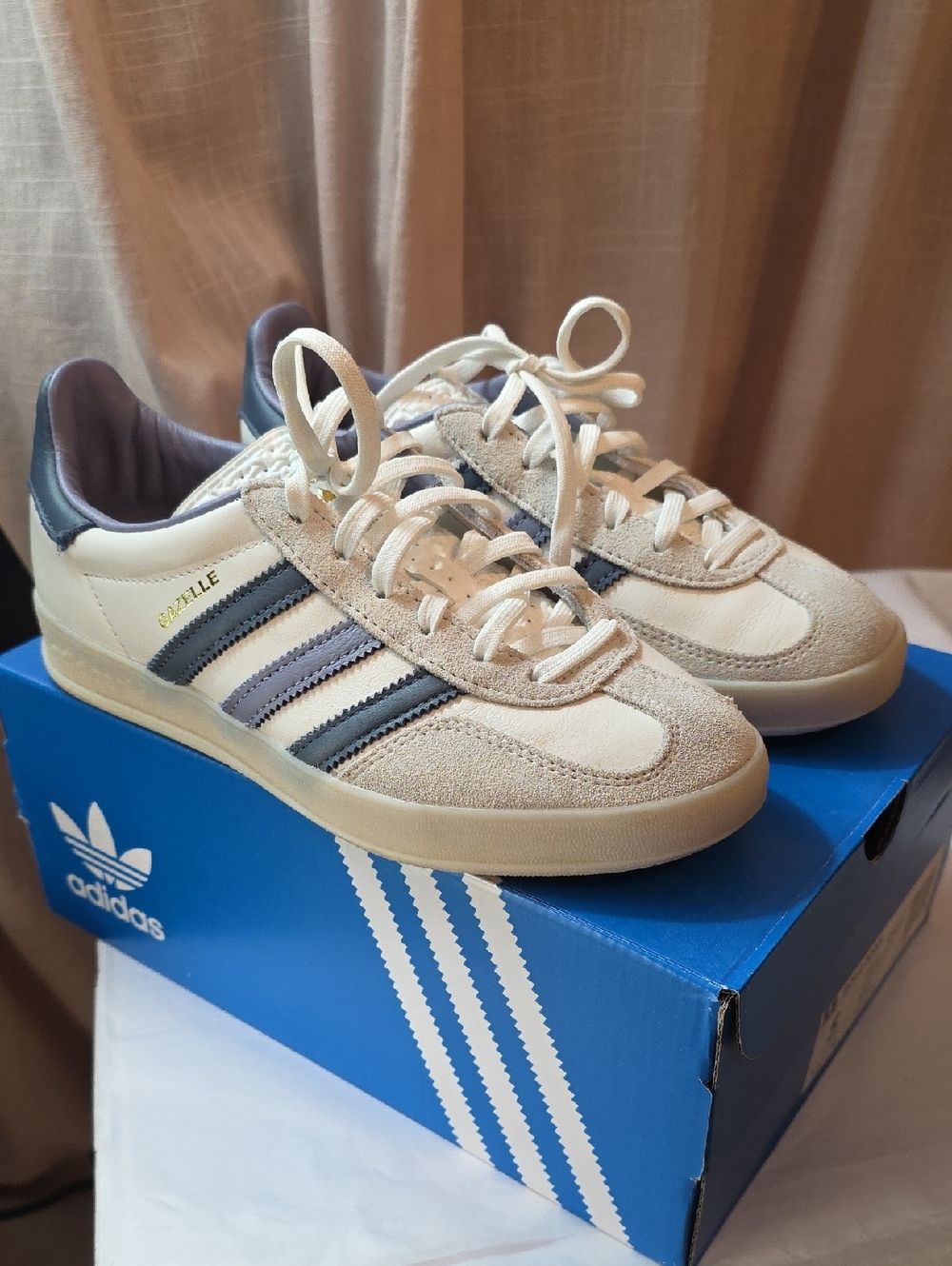 adidas Women's Gazelle Indoor White and Blue Leather Sneakers